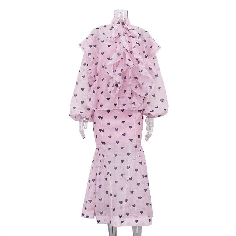 Fashionable Printed Stand Collar Puff Sleeve Top Camisole And Midi Skirt Three-Piece Set