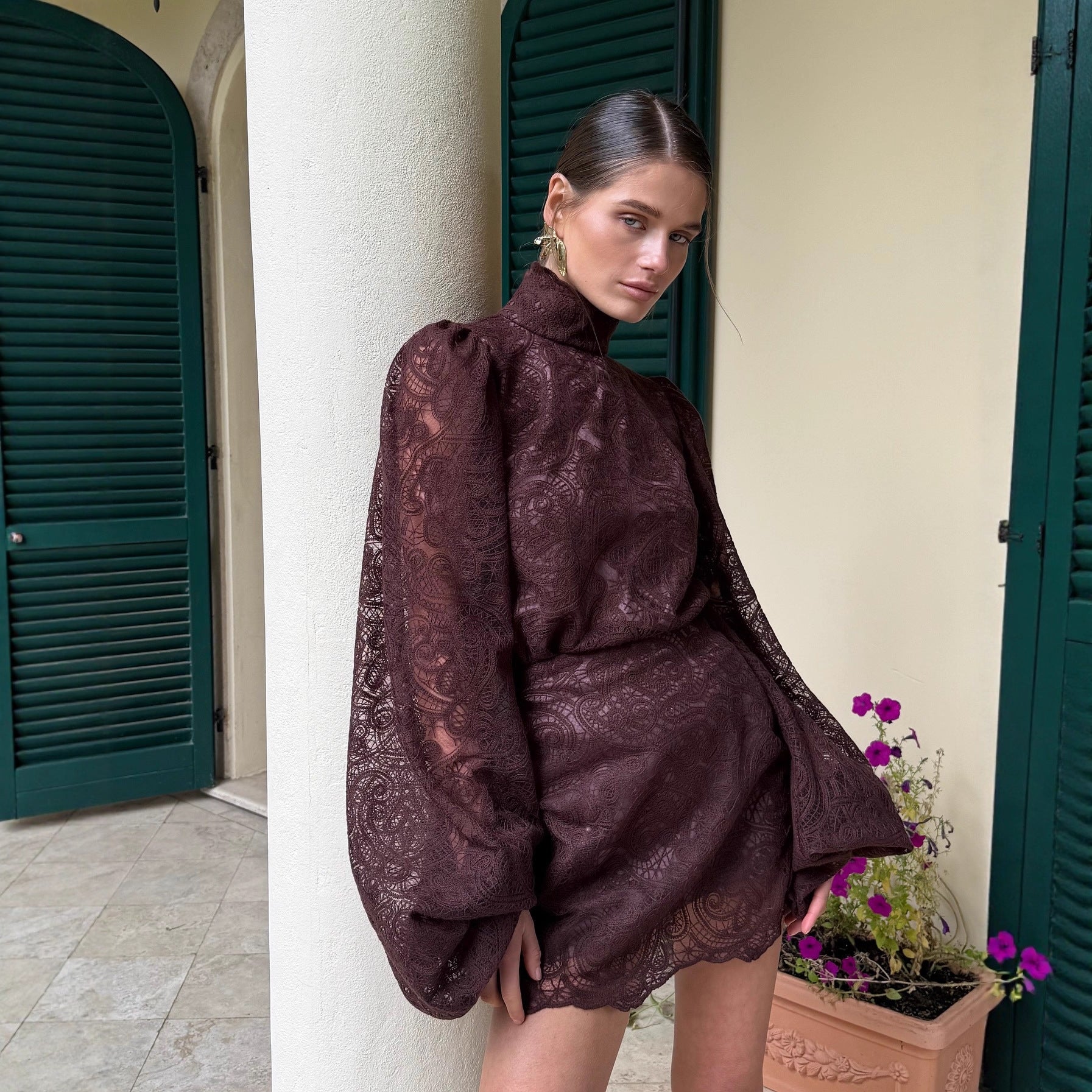 Womens Fashion Two-Piece Set Lantern-Sleeve Turtleneck Lace Top And Bottom