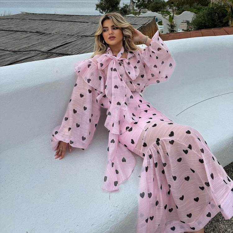 Fashionable Printed Stand Collar Puff Sleeve Top Camisole And Midi Skirt Three-Piece Set