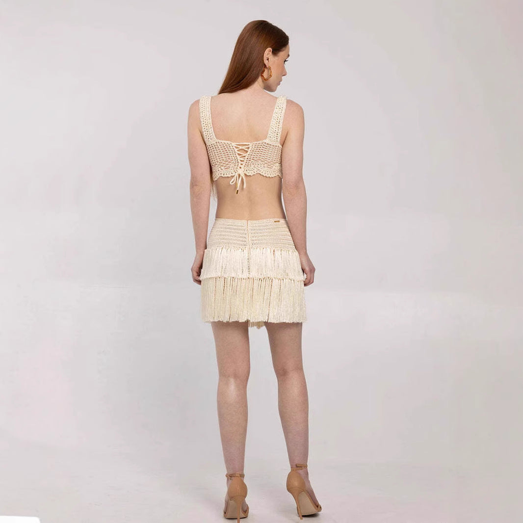 Fashion Tassel Vacation Style Hollow-out Dress Two-piece Set